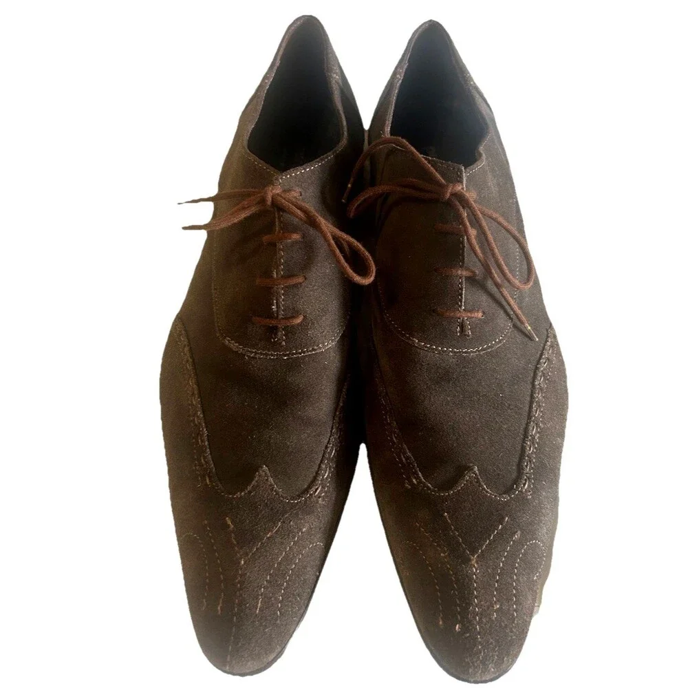 Purouomo Italian Mens EU 45 Suede Brown Wingtip Pointed Toe Dress Shoes Italy